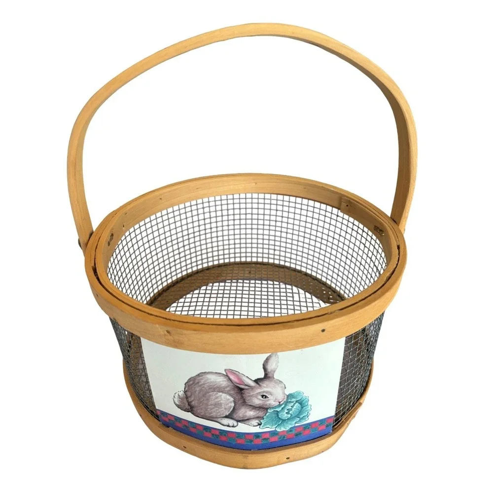 Vtg Baskets Wooden Chicken Wire Rabbit Bunny Print‎ Rustic Spring Easter Nesting